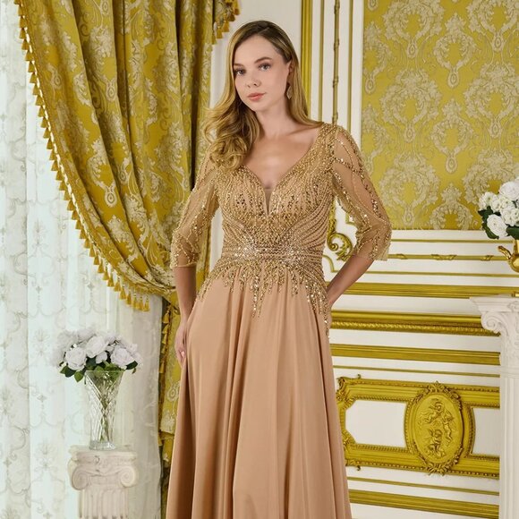New Gold A-Line Mother Of Bride Chiffon Dress w/ Sheer 3/4 Sleeves GL3796 - Picture 4 of 15